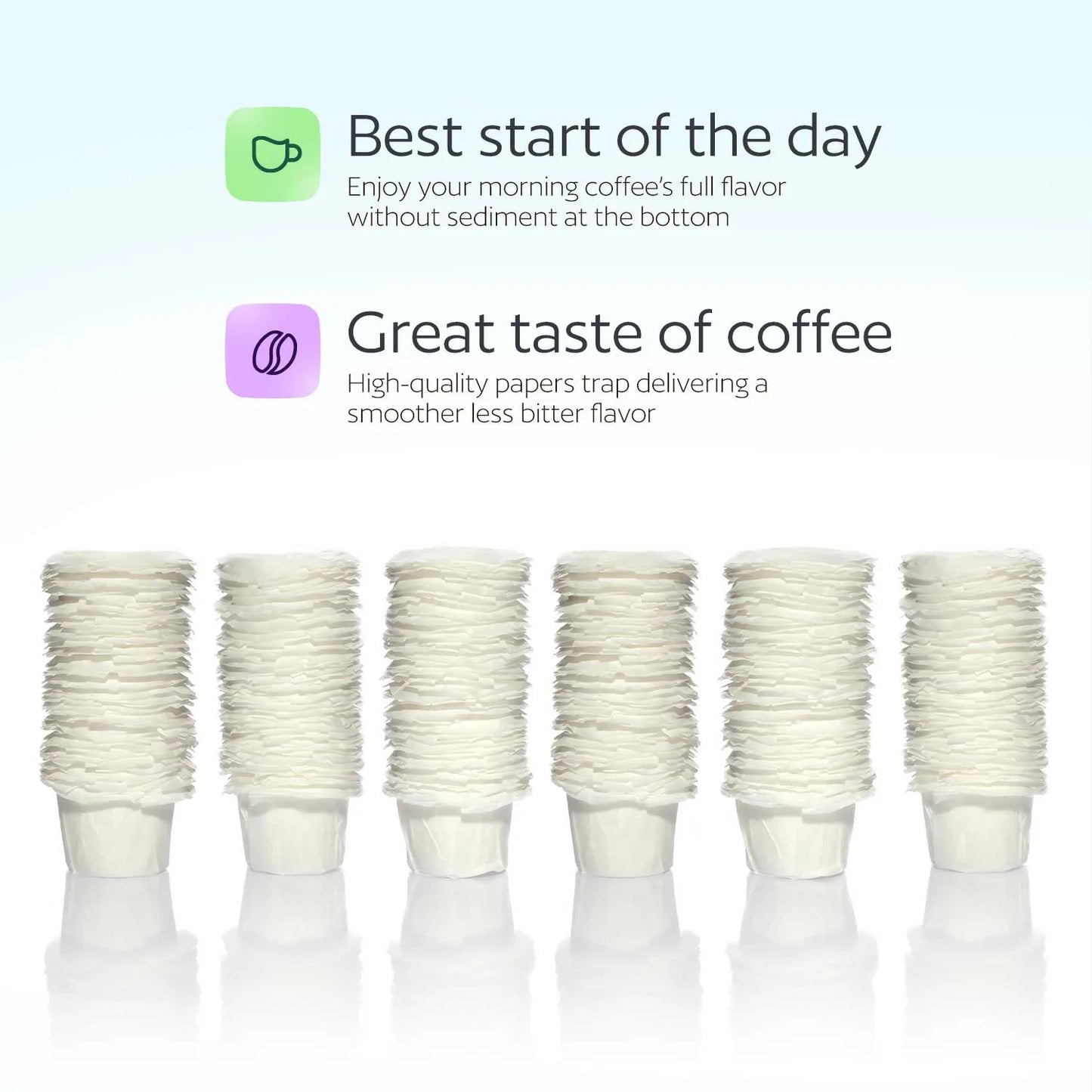 Stacks of paper filters for reusable K-Cups with text about coffee quality on a light background