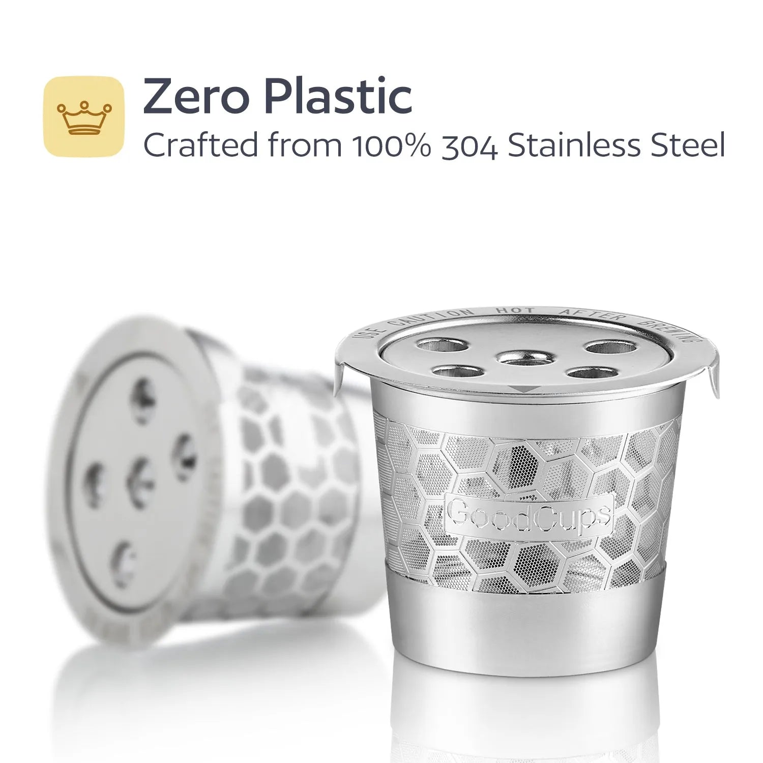 Stainless steel coffee filter with 'Zero Plastic' branding on a white background