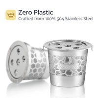 Stainless steel coffee filter with 'Zero Plastic' branding on a white background