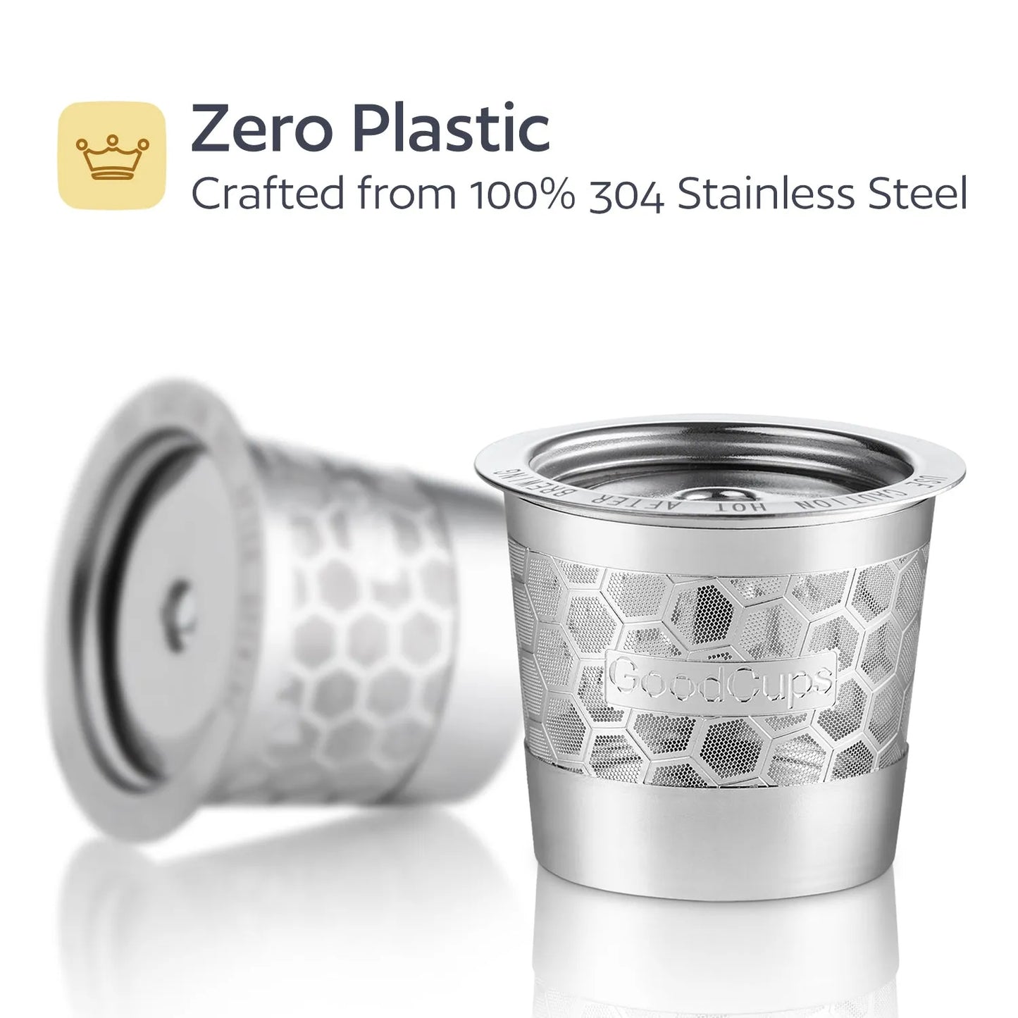 Stainless steel reusable k cups with honeycomb pattern on a white background, labeled 'Zero Plastic' and '304 Stainless Steel'.
