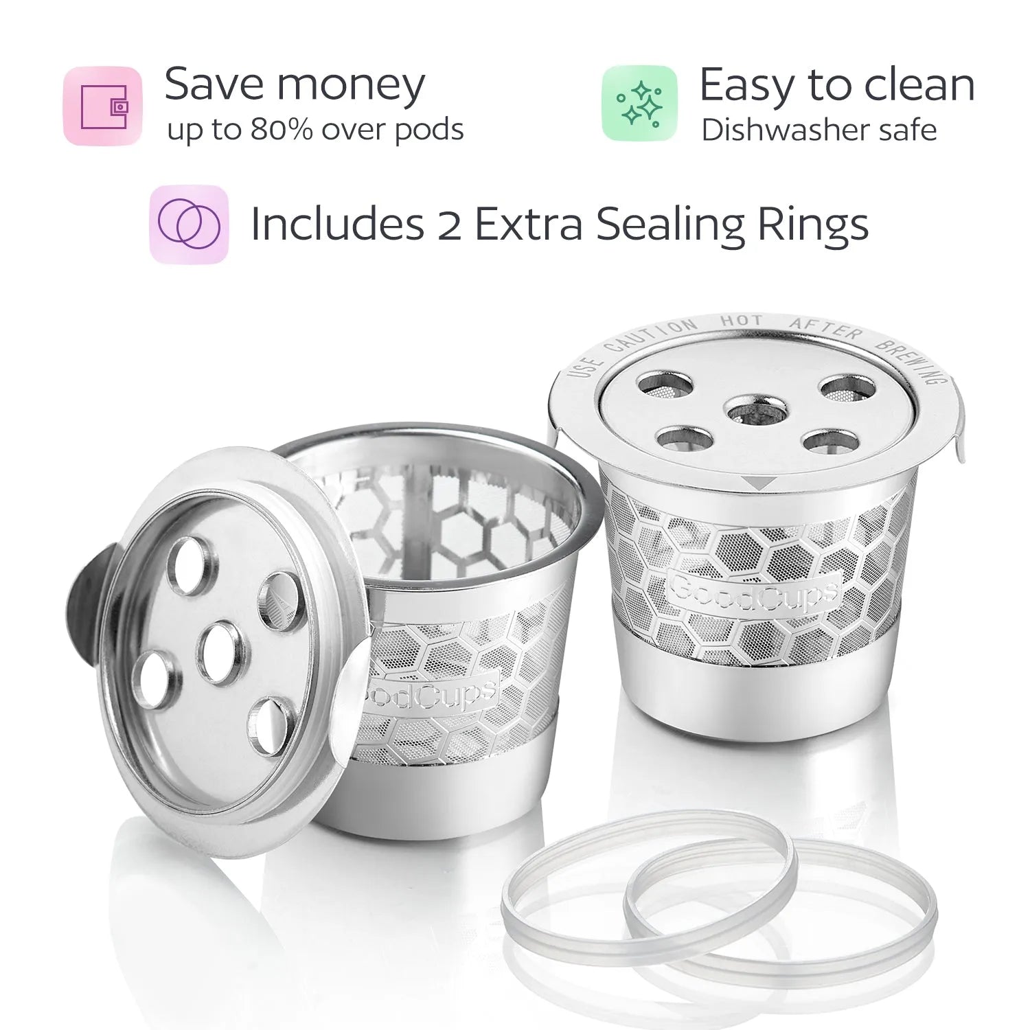 Stainless Steel reusable k cups with text highlighting features on a white background