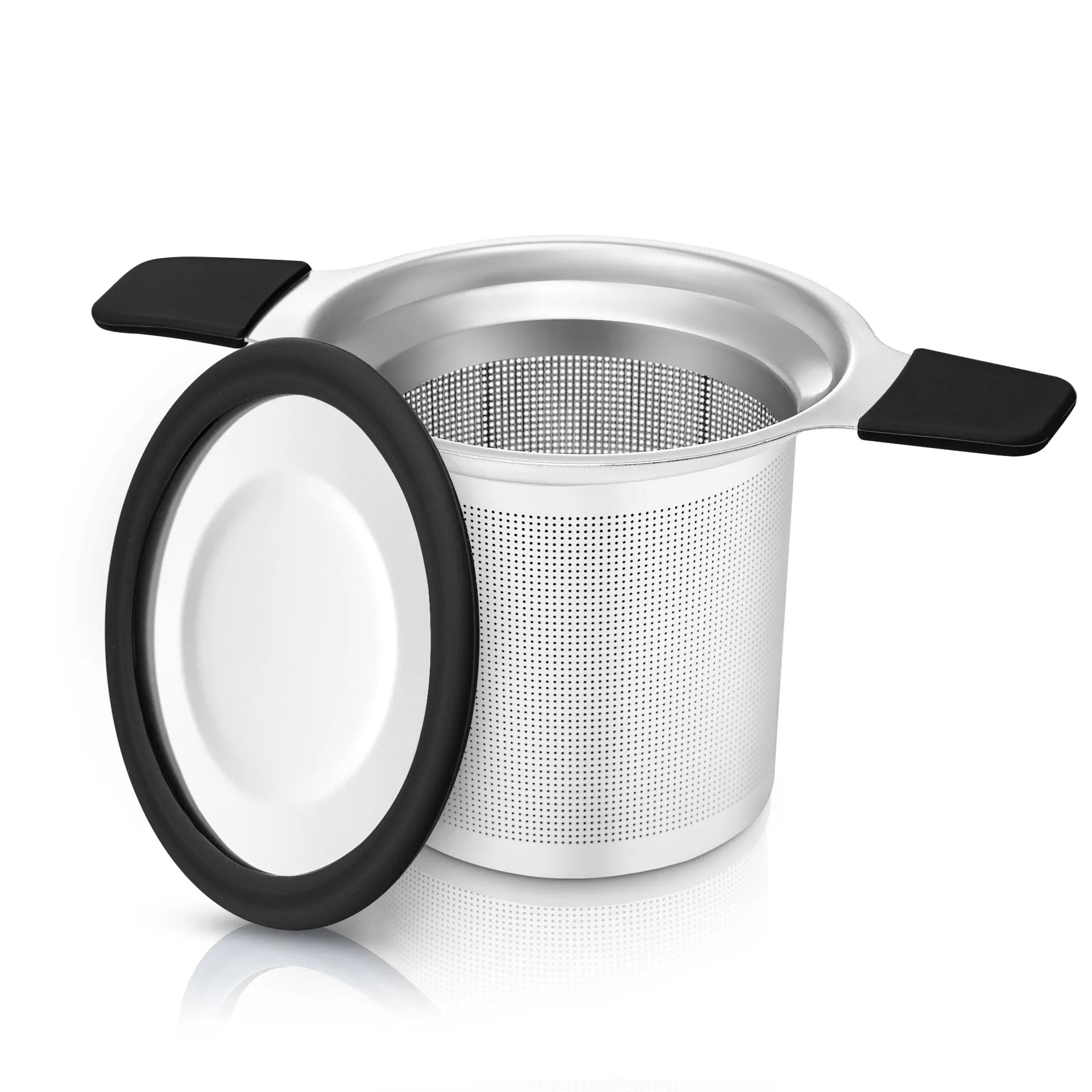 Stainless steel tea infuser with black handles on a white background