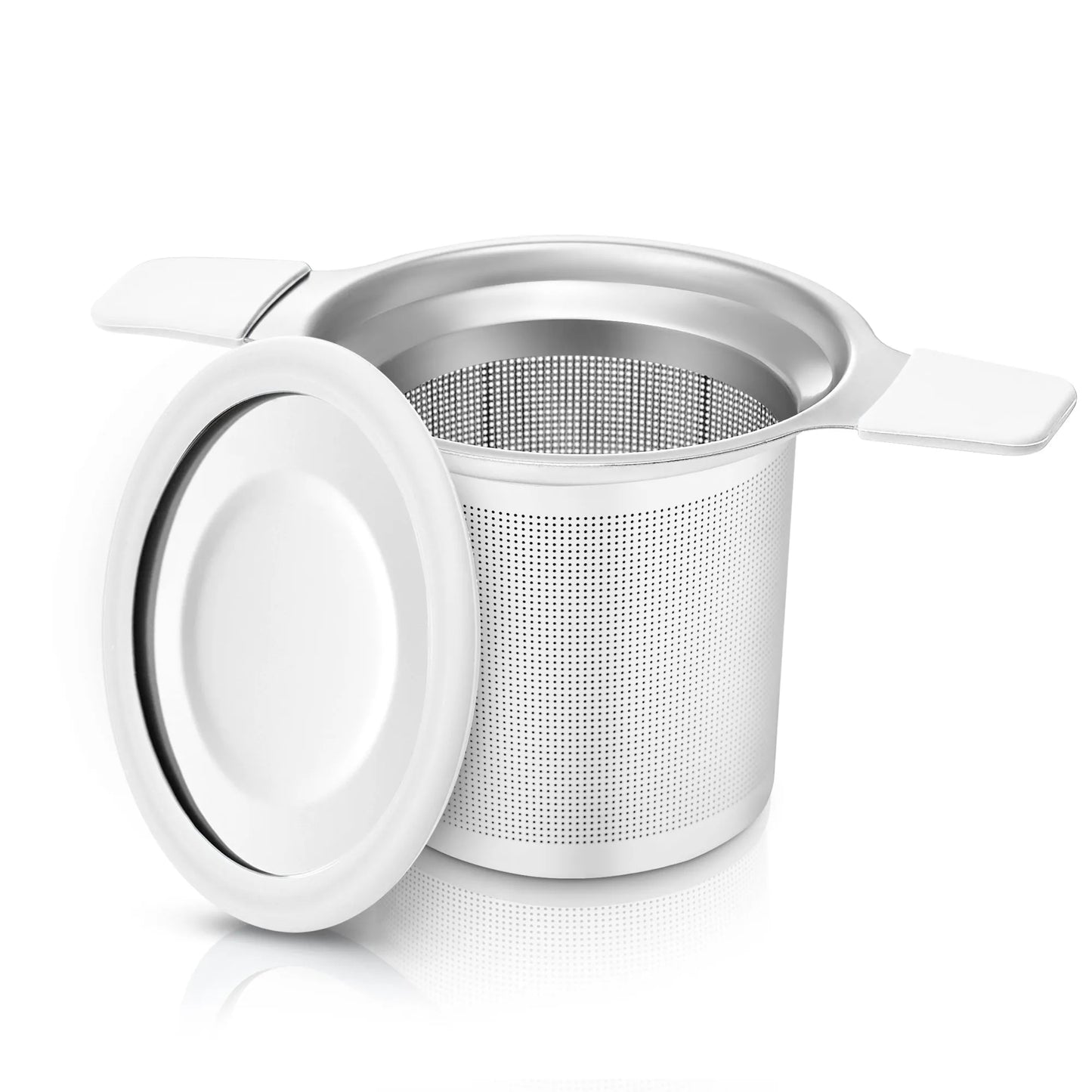 Stainless steel tea infuser with white plastic handles on a white background