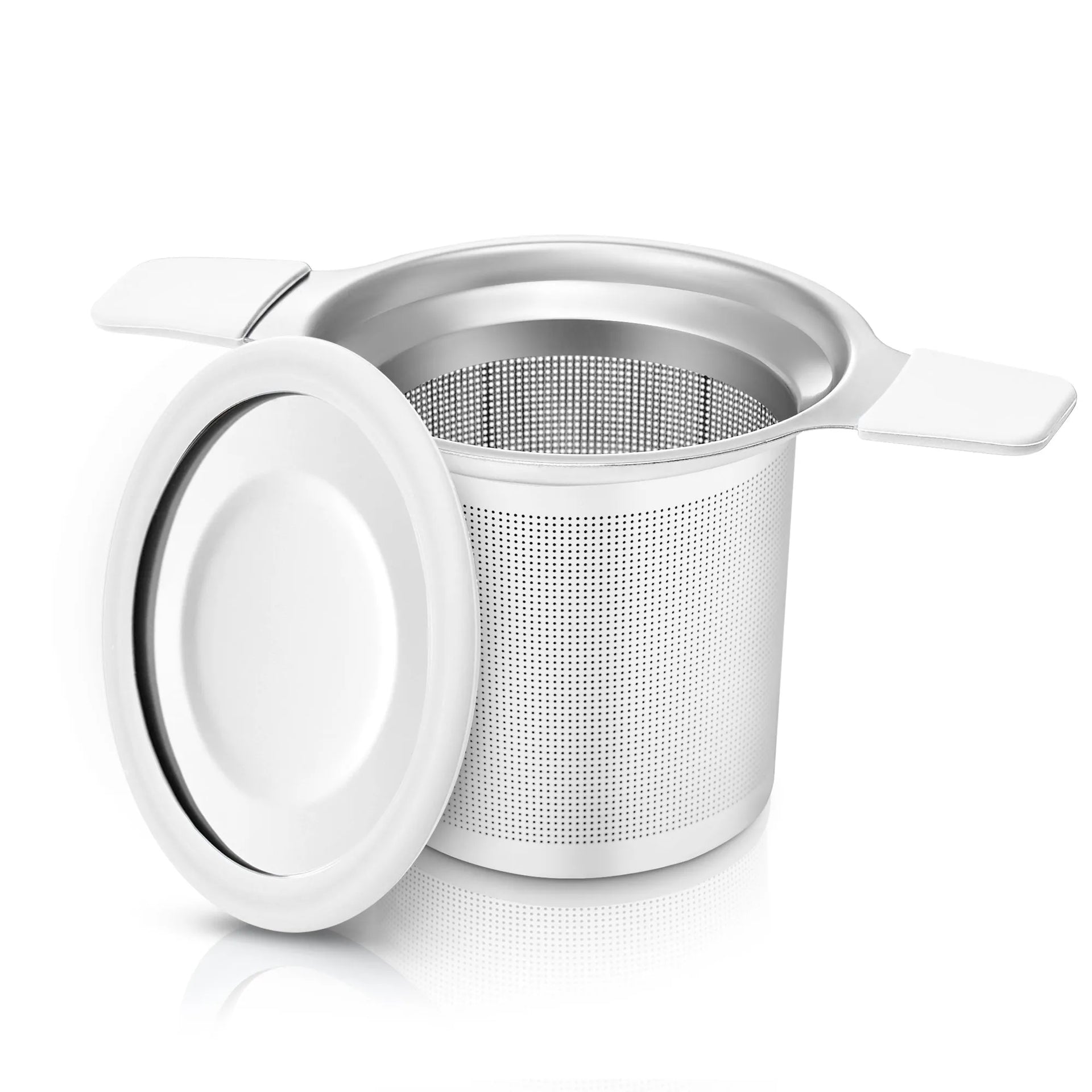 Stainless steel tea infuser with white plastic handles on a white background
