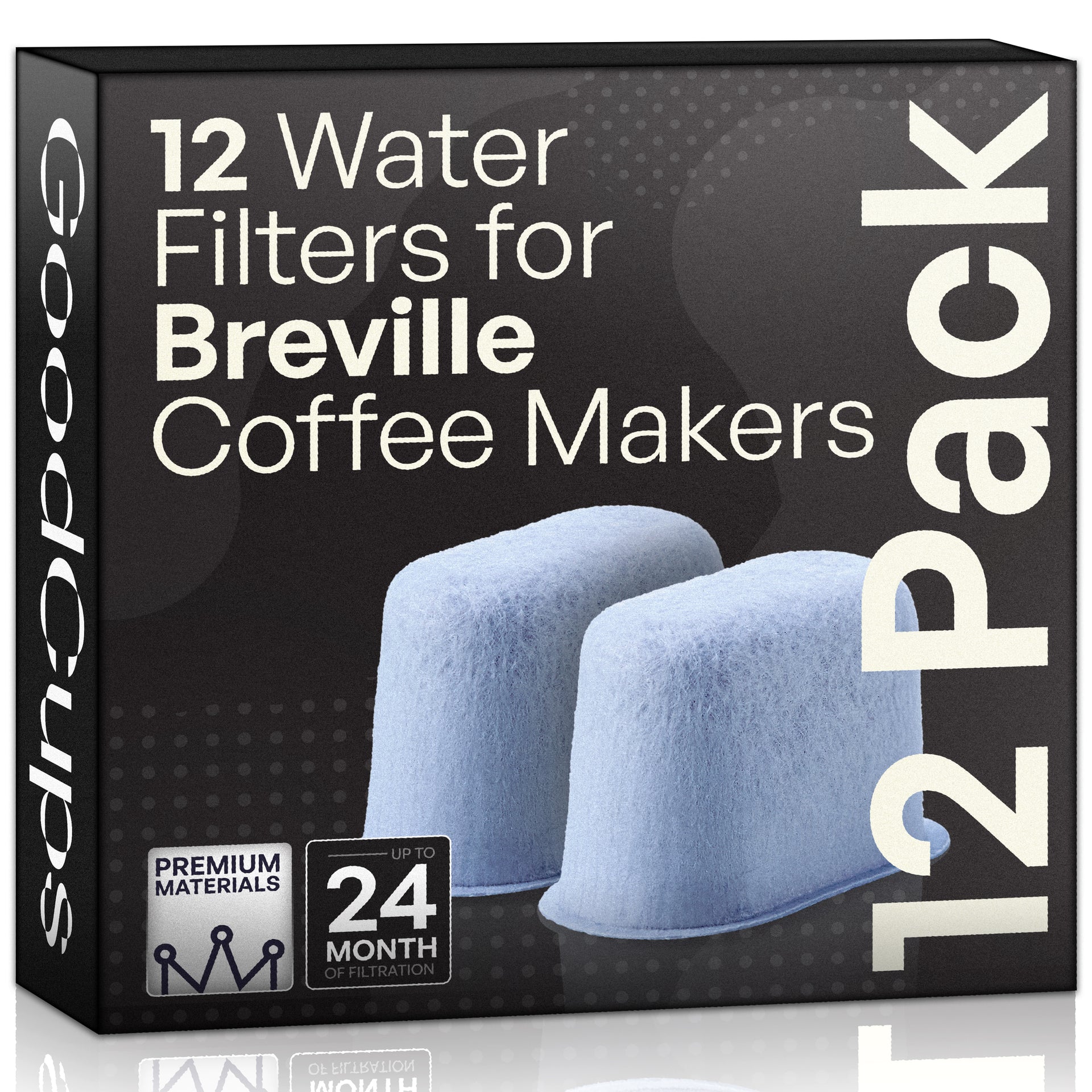 A 12-pack box of GoodCups water filters for Breville coffee makers. The black packaging features white text and shows two light blue filter cartridges.