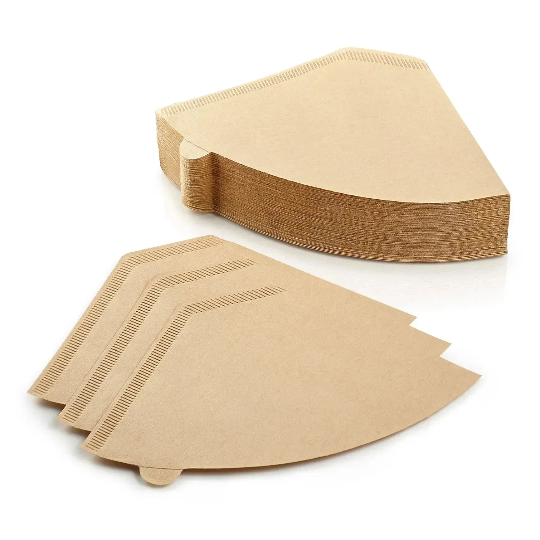 Stack of brown paper filters on a white background