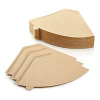 Stack of brown paper filters on a white background