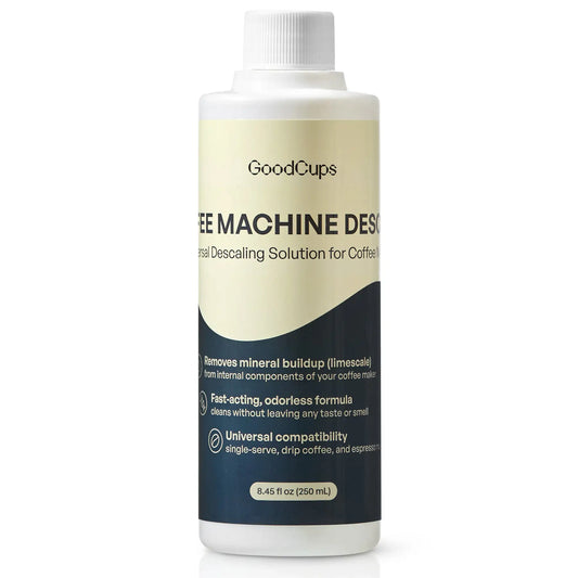 Bottle of GoodCups coffee machine descaling solution on a white background