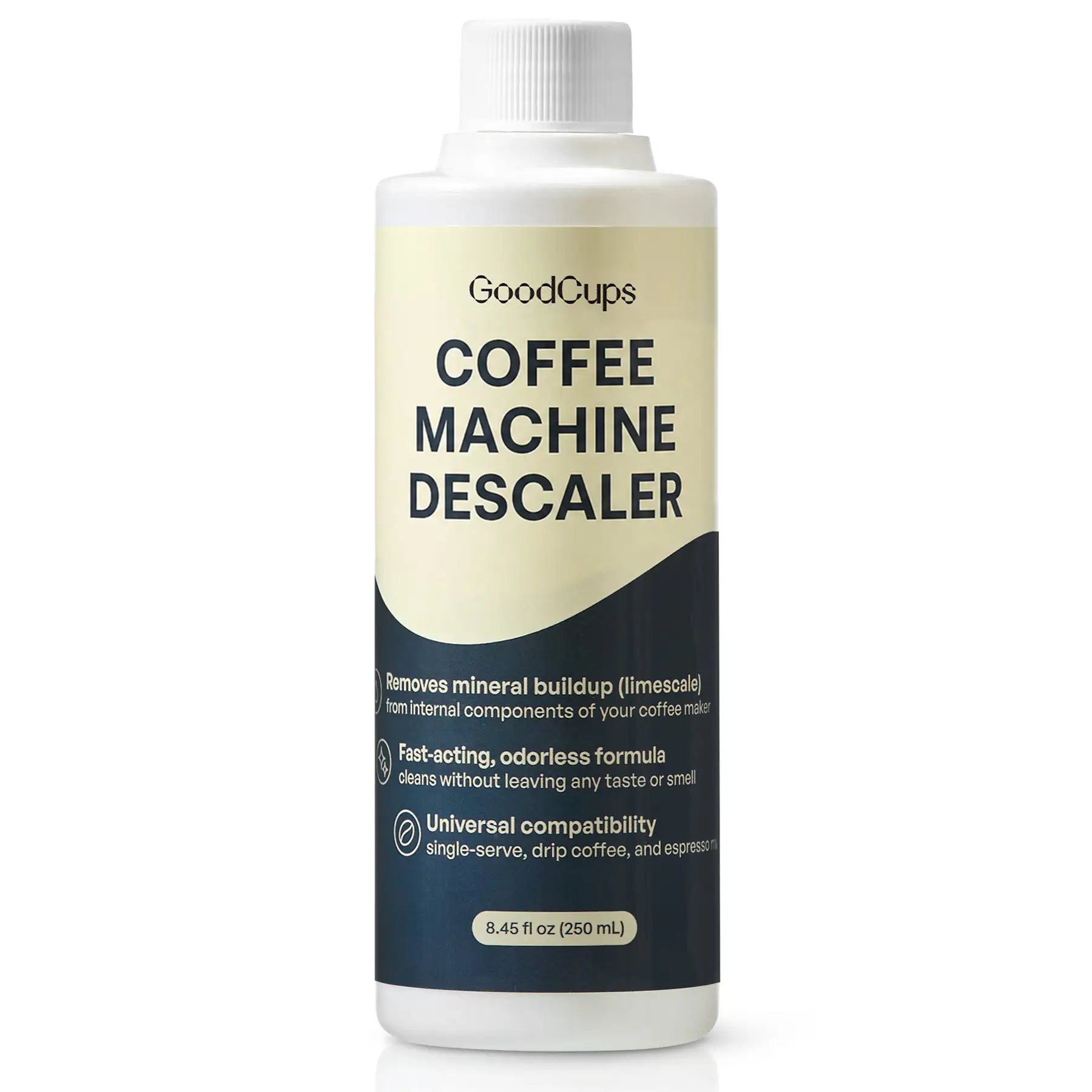 Bottle of GoodCups coffee machine descaling solution on a white background
