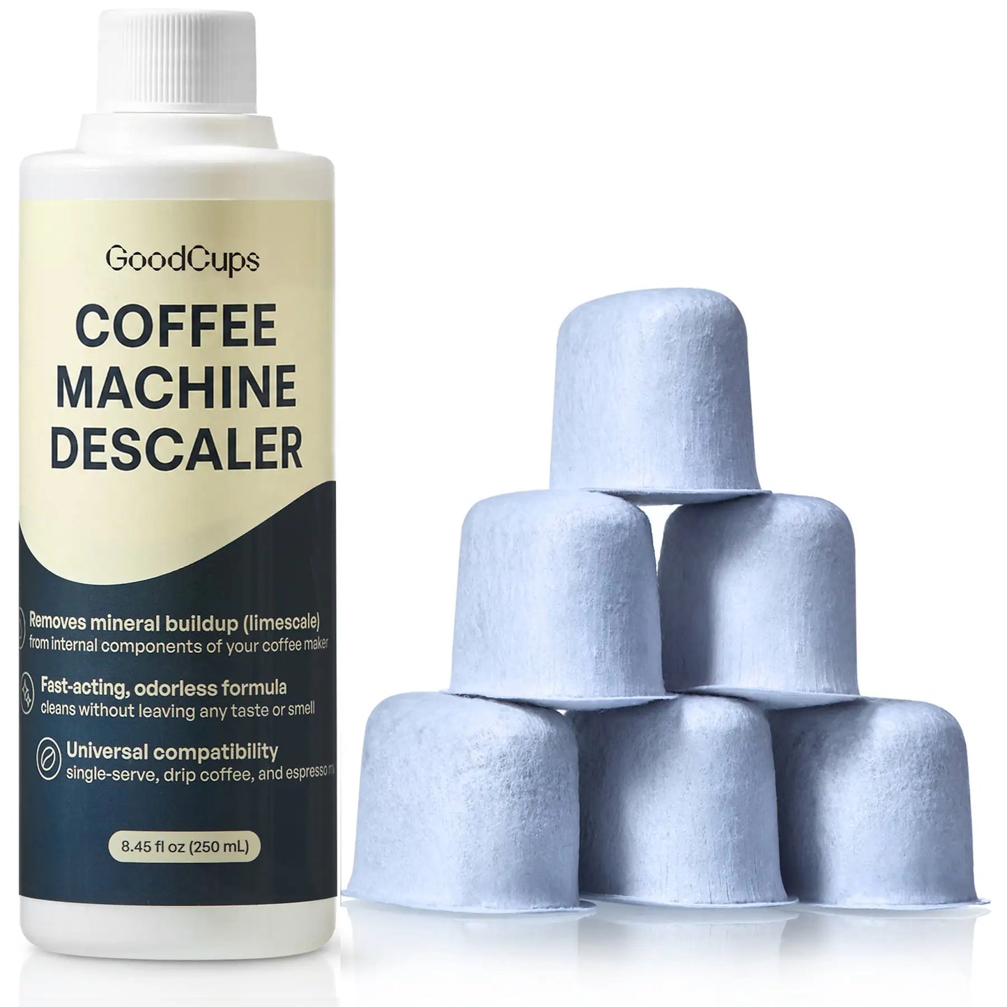 GoodCups coffee machine descaling solution bottle with 6 keurig water filters on a white background