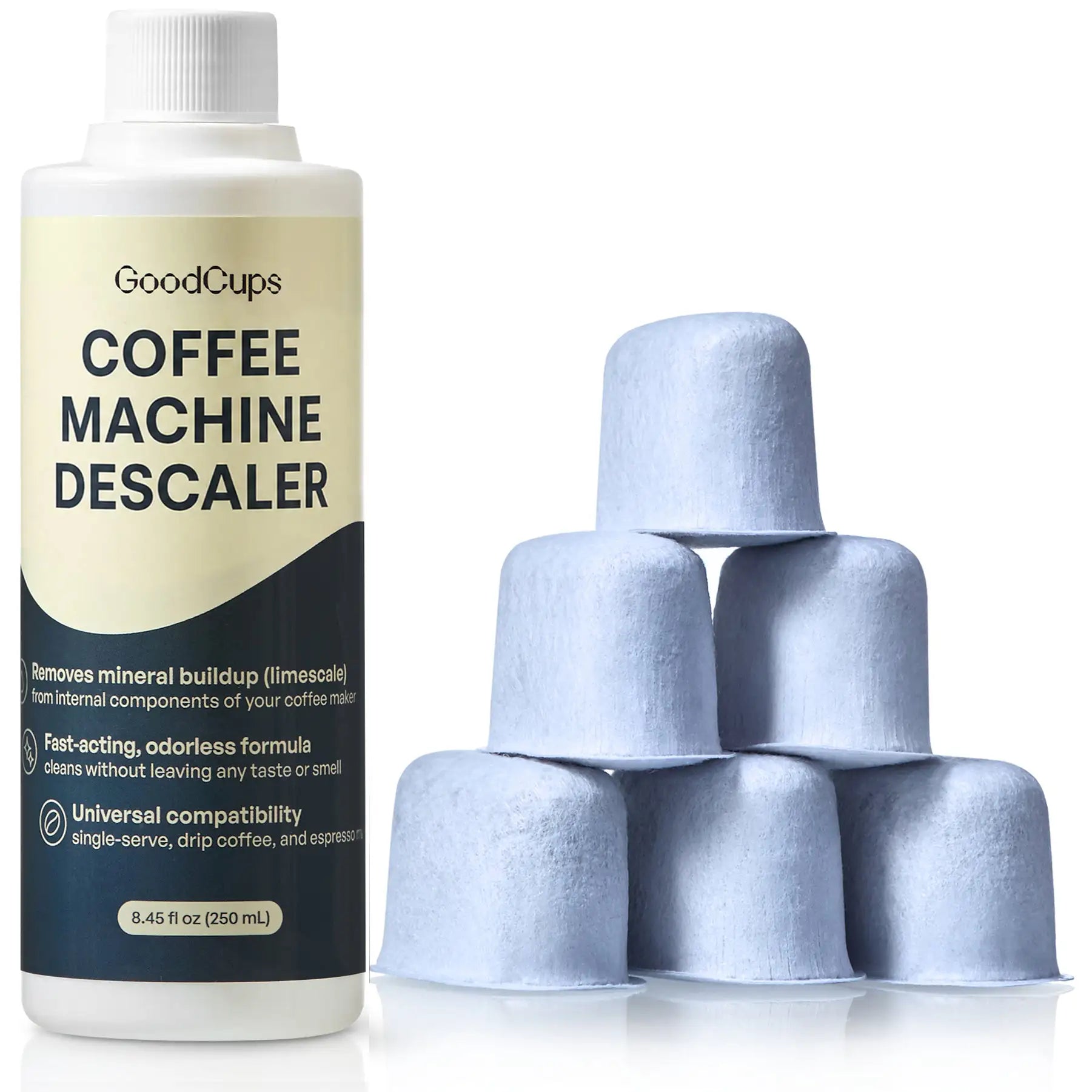GoodCups coffee machine descaling solution bottle with 6 keurig water filters on a white background