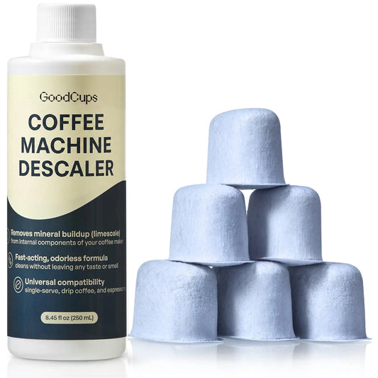 GoodCups coffee machine descaling solution bottle with 6 keurig water filters on a white background