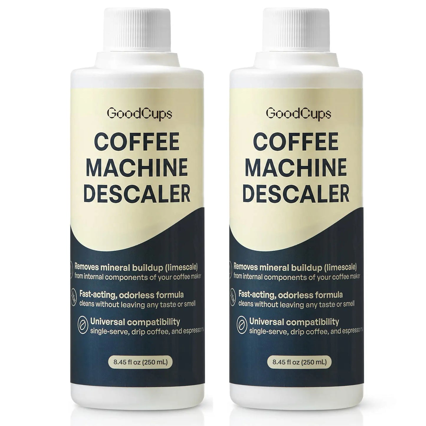 Two bottles of GoodCups coffee machine descaling solution on a white background