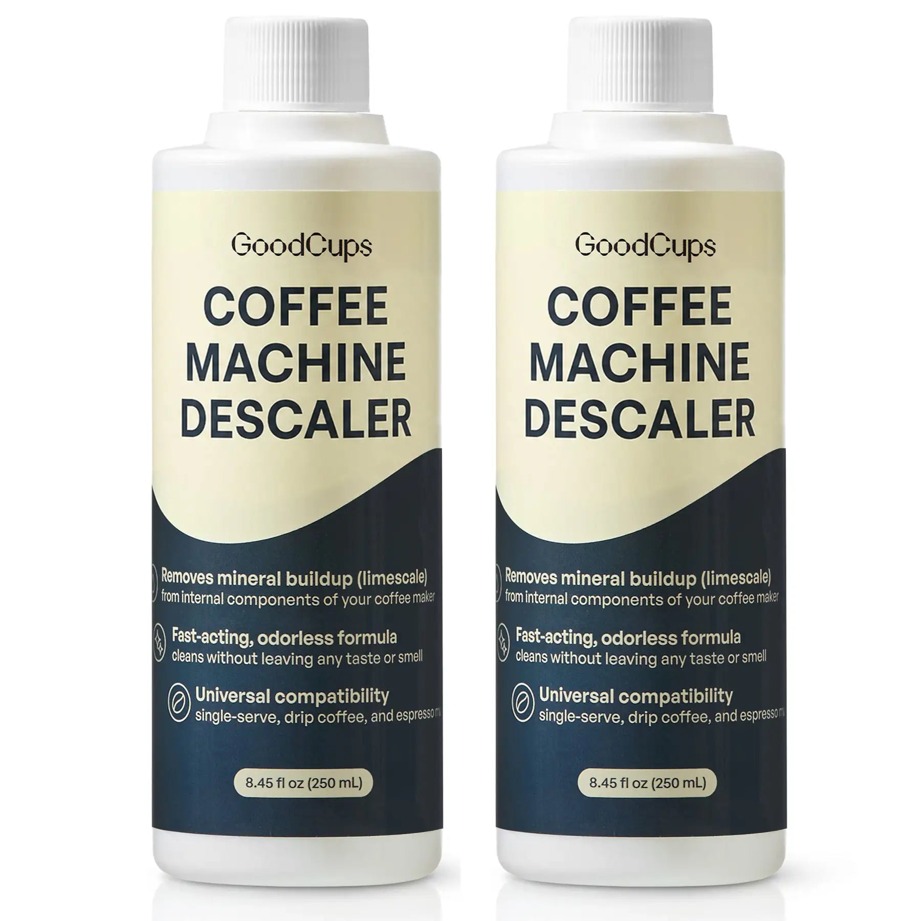 Two bottles of GoodCups coffee machine descaling solution on a white background