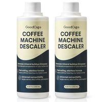 Two bottles of GoodCups coffee machine descaling solution on a white background