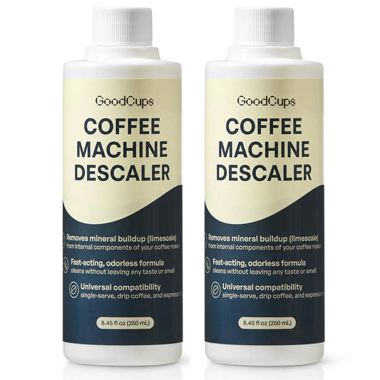 Two bottles of GoodCups coffee machine descaling solution on a white background