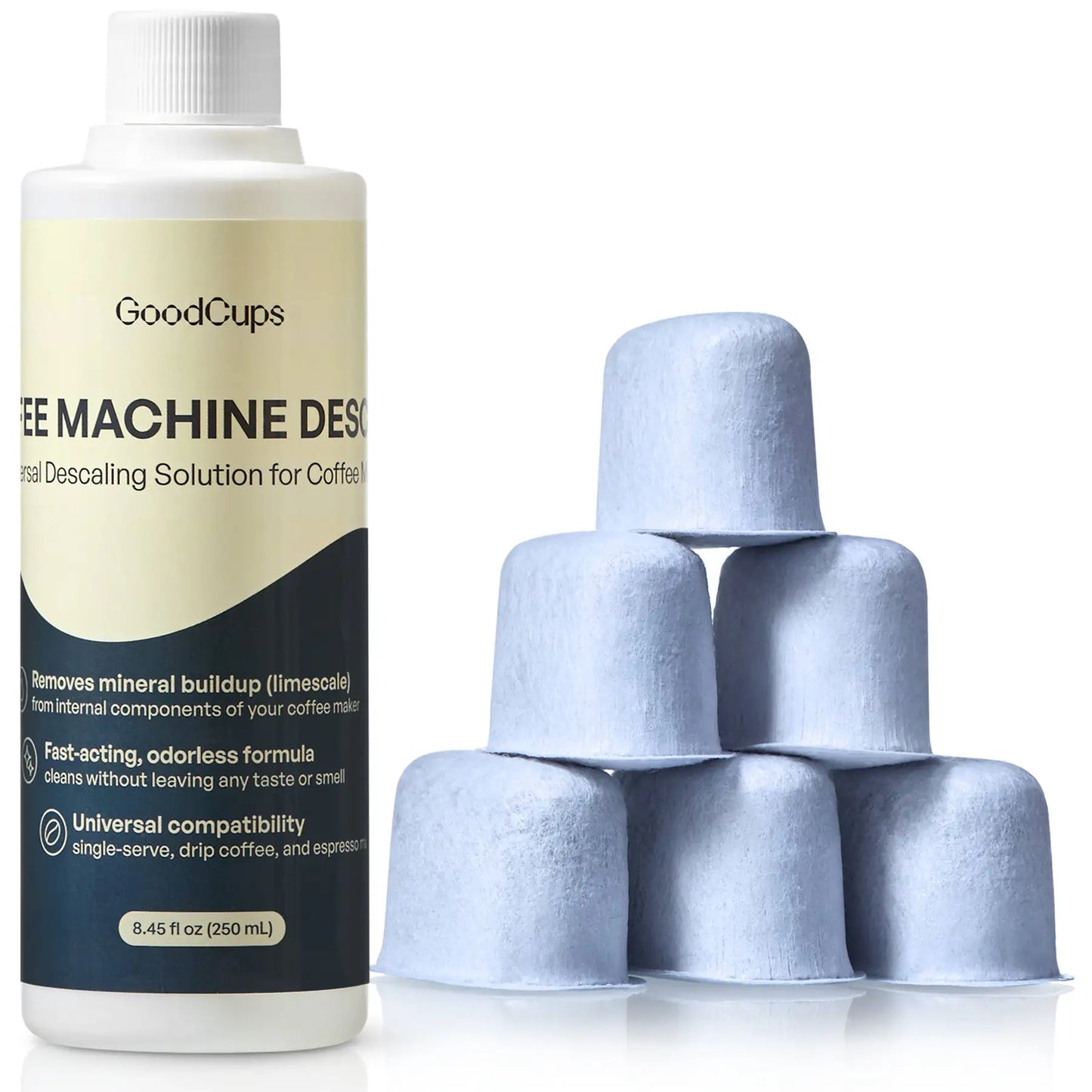 GoodCups coffee machine descaling solution bottle with 6 keurig water filters on a white background