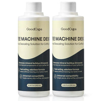 Two bottles of GoodCups coffee machine descaling solution on a white background