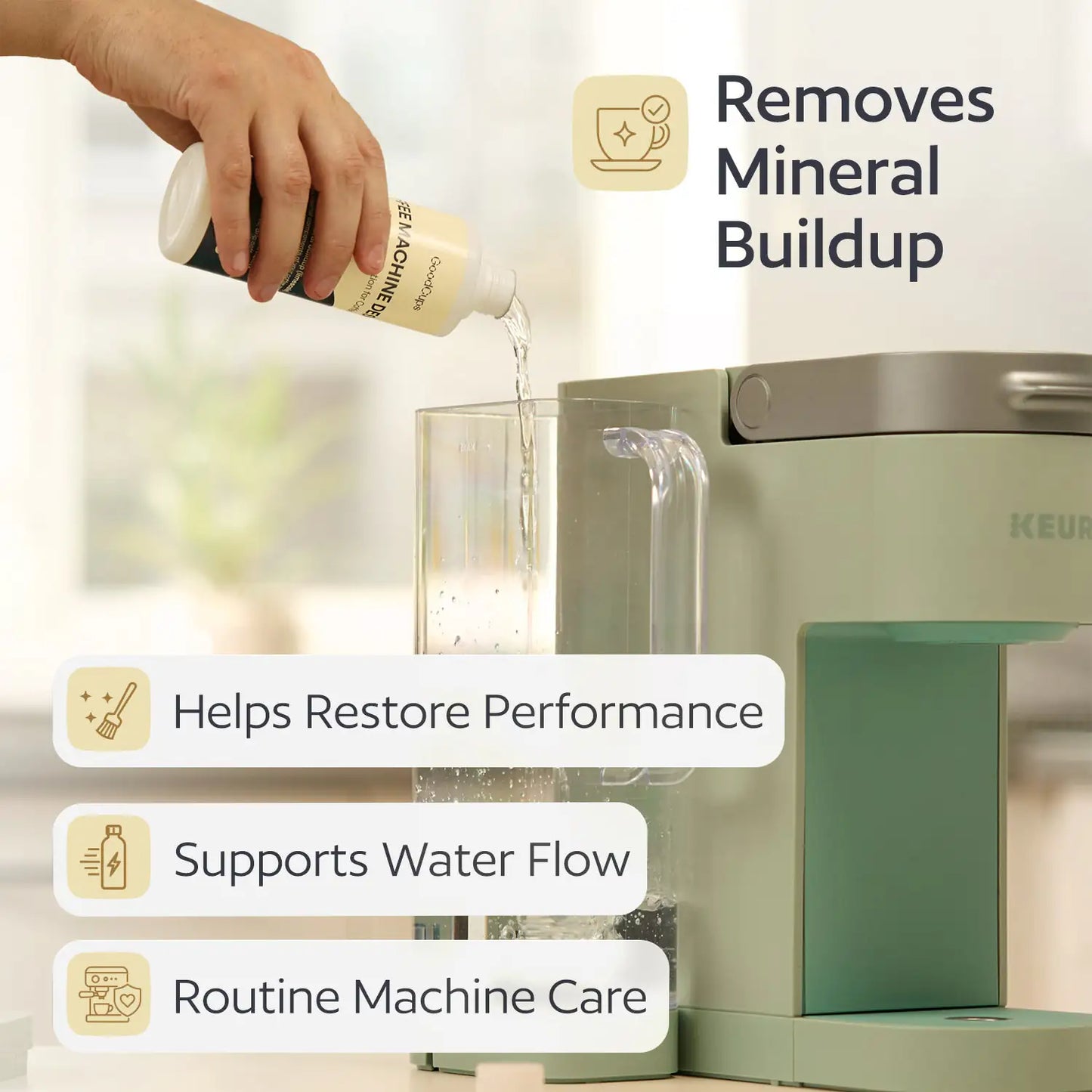 Person pouring a cleaning solution into a Keurig coffee maker with text highlighting benefits.