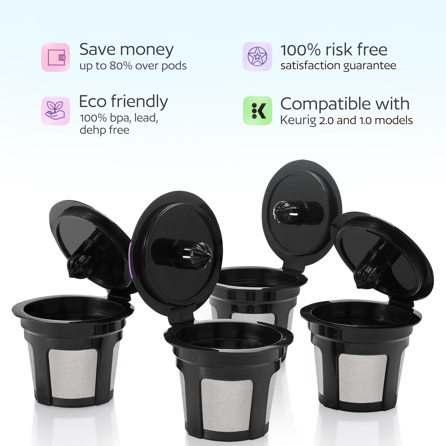 4 Reusable K Cups for Keurig K-Classic, K-Elite, K-Select, K-Cafe, K-Compact, K200, K300, K400, K500, Universal Fit Black Refillable Kcups Coffee Filters for 2.0 and 1.0 Brewers