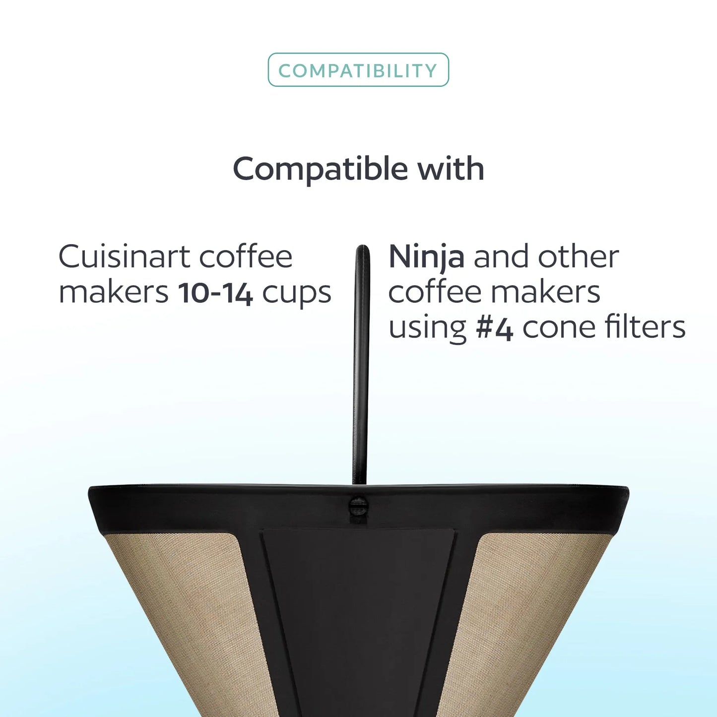 Cuisinart Cone coffee filter with compatibility text for Cuisinart and Ninja coffee makers on a light blue background