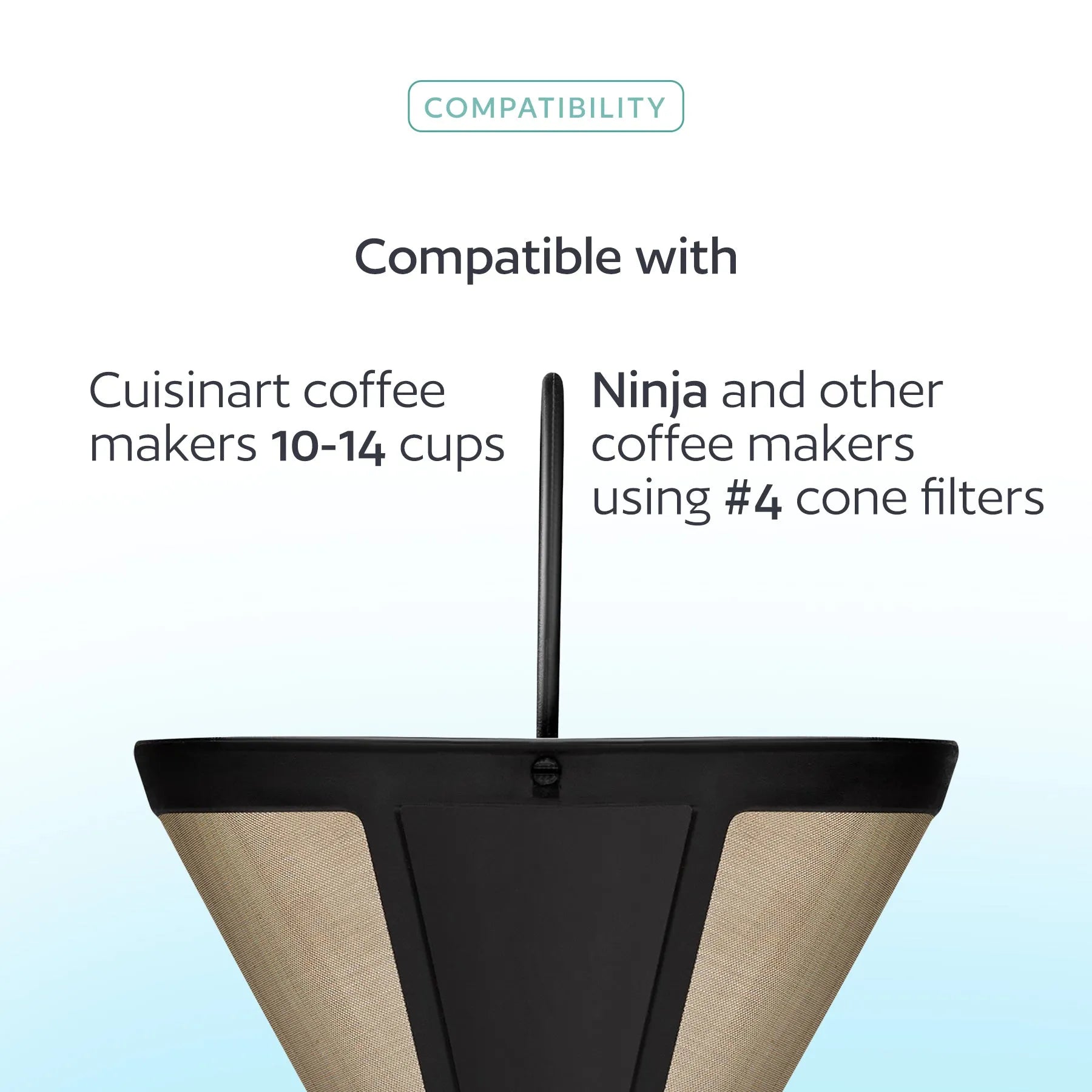 Cuisinart Cone coffee filter with compatibility text for Cuisinart and Ninja coffee makers on a light blue background