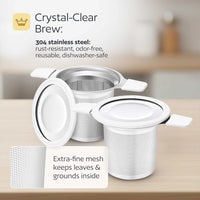 Stainless steel tea infuser with text highlighting features on a wooden surface.