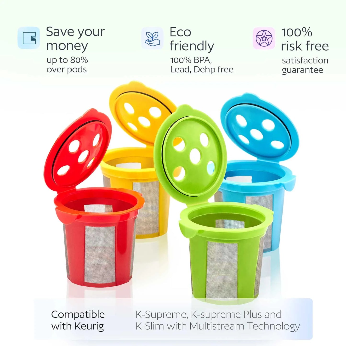 4 Reusable K Cups for Keurig K Supreme, K Supreme Plus and K Slim with Multistream Technology - Multicolored