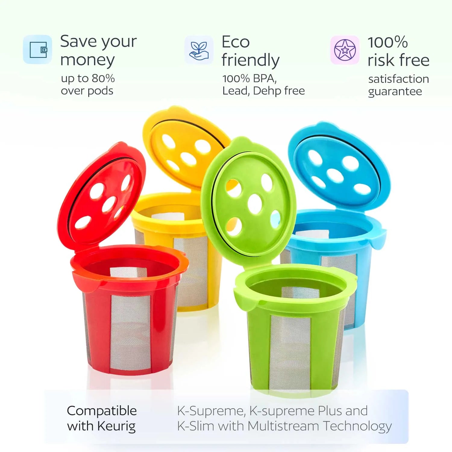 4 Reusable K Cups for Keurig K Supreme, K Supreme Plus and K Slim with Multistream Technology - Multicolored