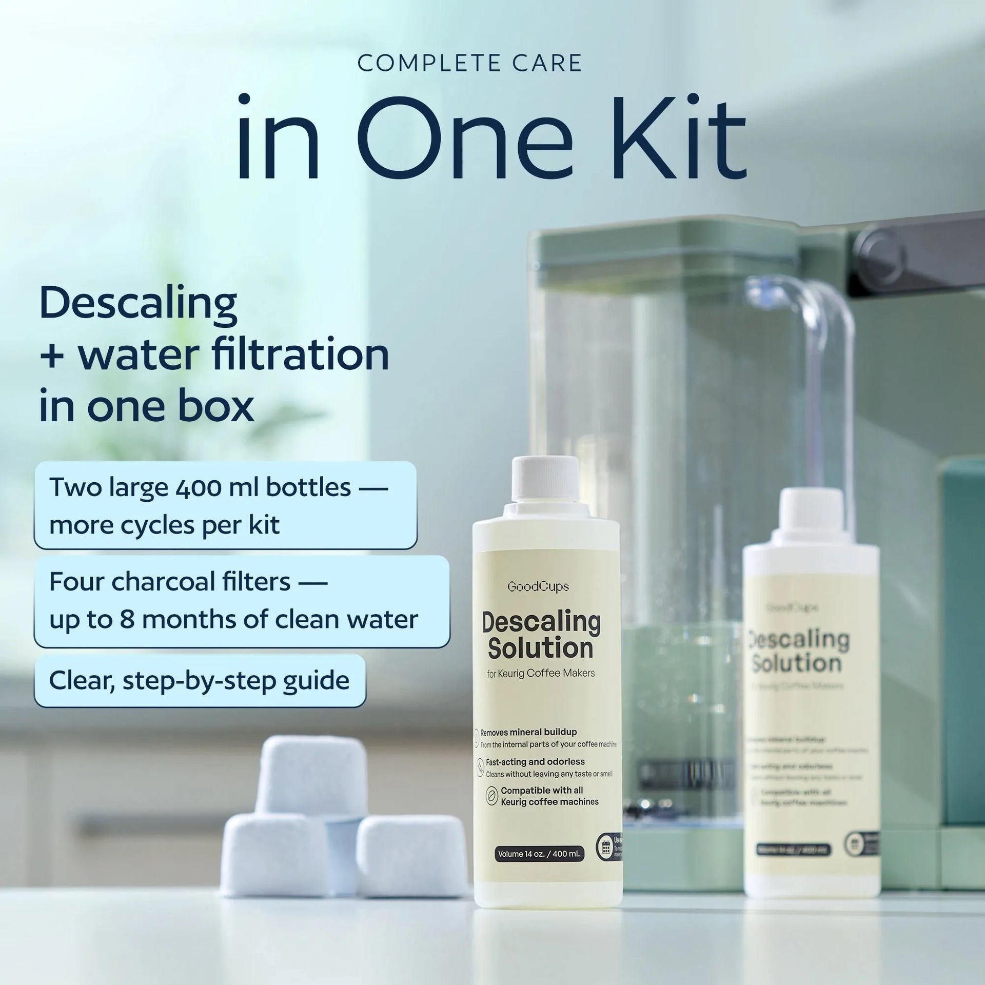 Descaler Kit for Keurig – 2 Bottles & 4 Water Filters | Universal Keurig Cleaner