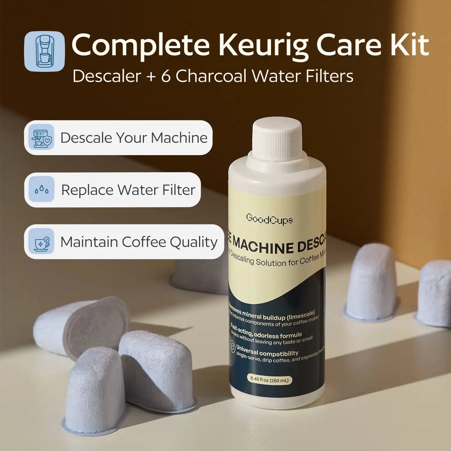 Complete Keurig Care Kit with a bottle and charcoal water filters on a neutral background