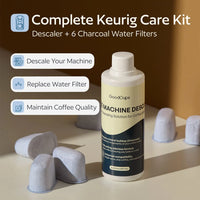 Complete Keurig Care Kit with a bottle and charcoal water filters on a neutral background