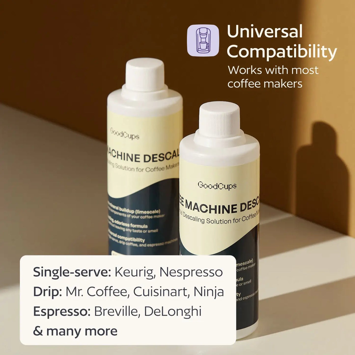 Two bottles of GoodCups coffee machine descaling solution on a neutral background with text about compatibility.