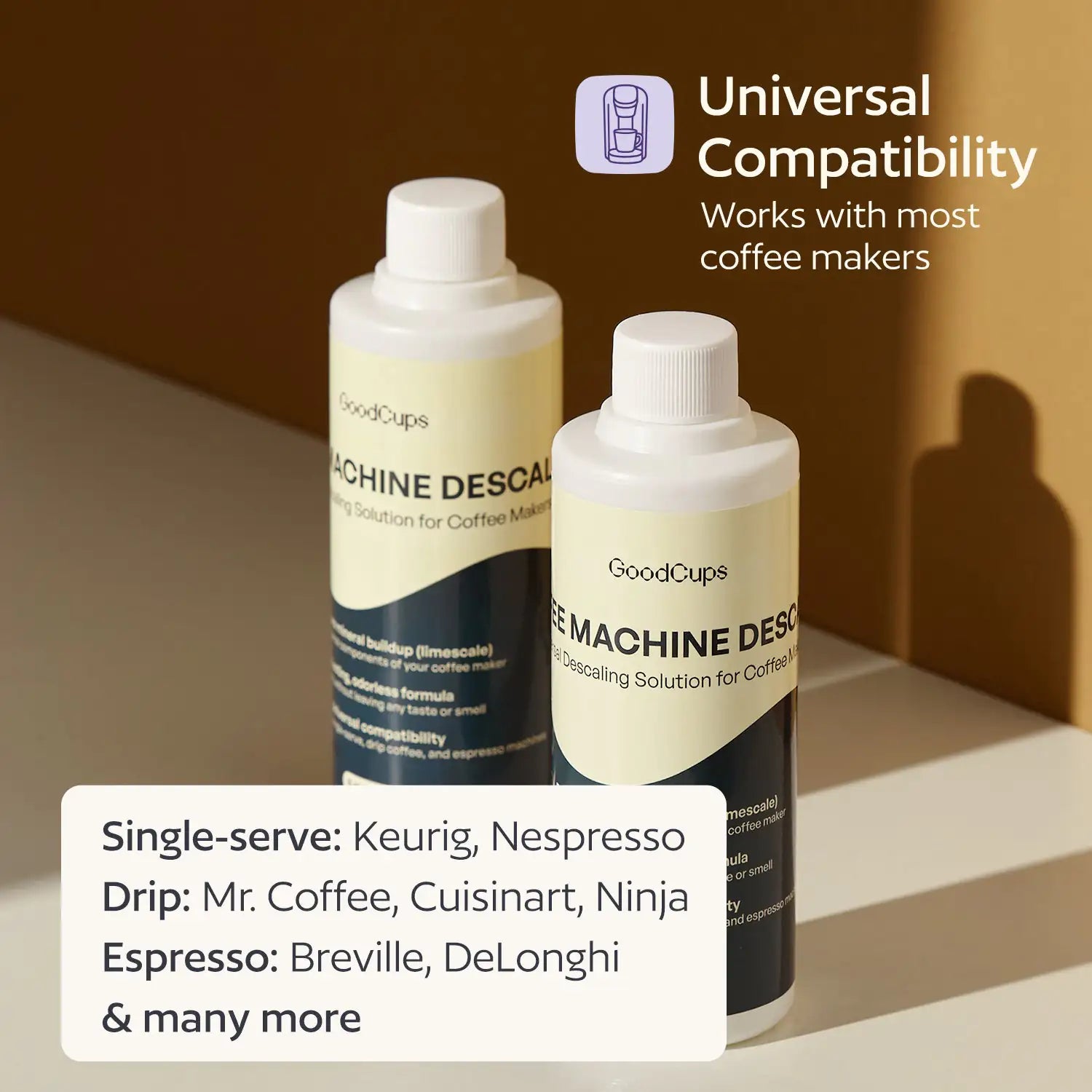 Two bottles of GoodCups coffee machine descaling solution on a neutral background with text about compatibility.