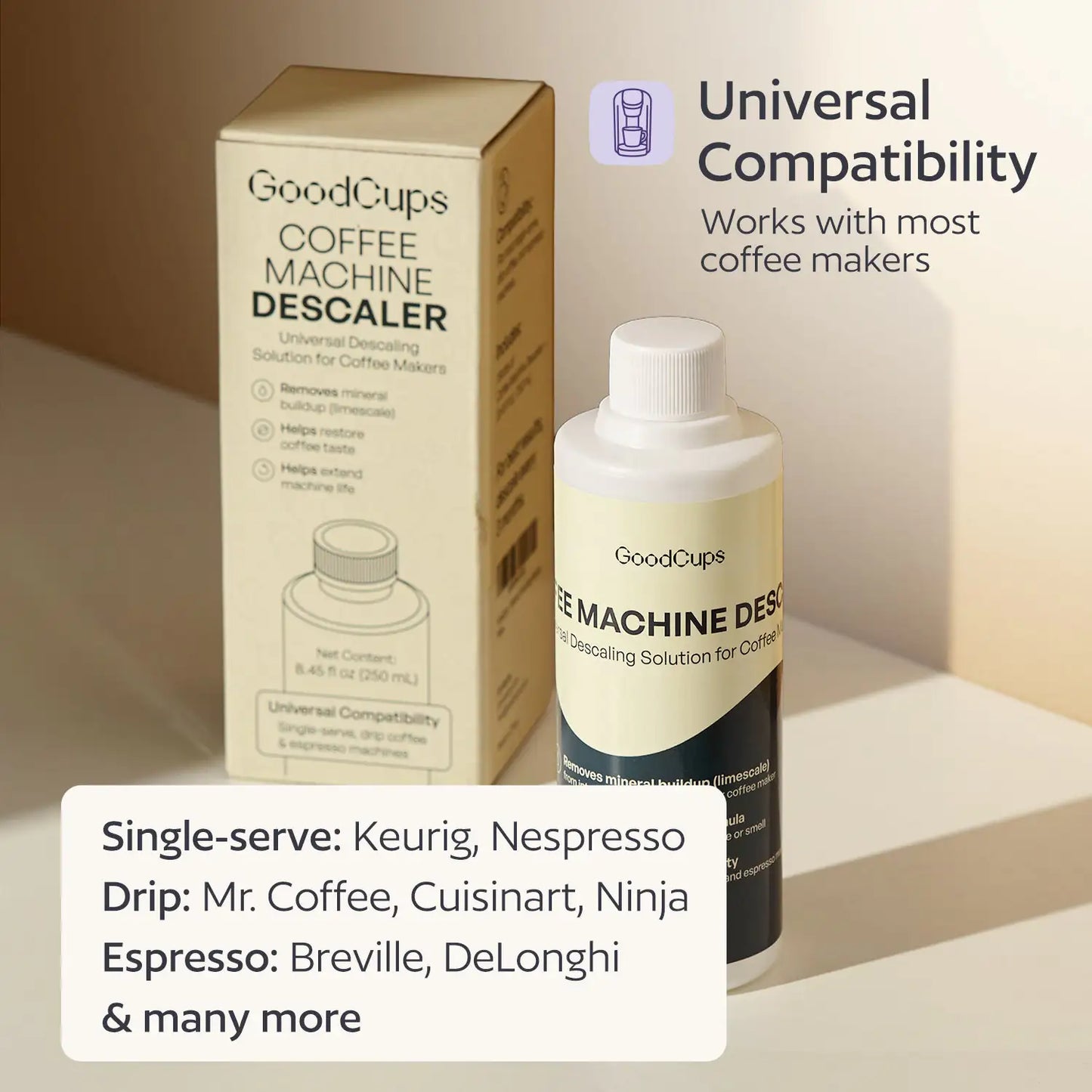 GoodCups coffee machine descaler with packaging and compatibility information on a beige background