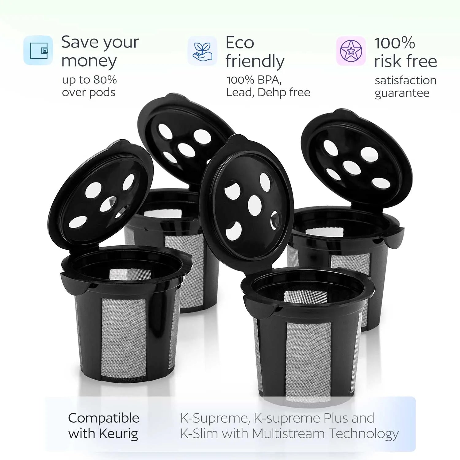 4 Reusable K Cups for Keurig K Supreme, K Supreme Plus and K Slim with Multistream Technology - Black