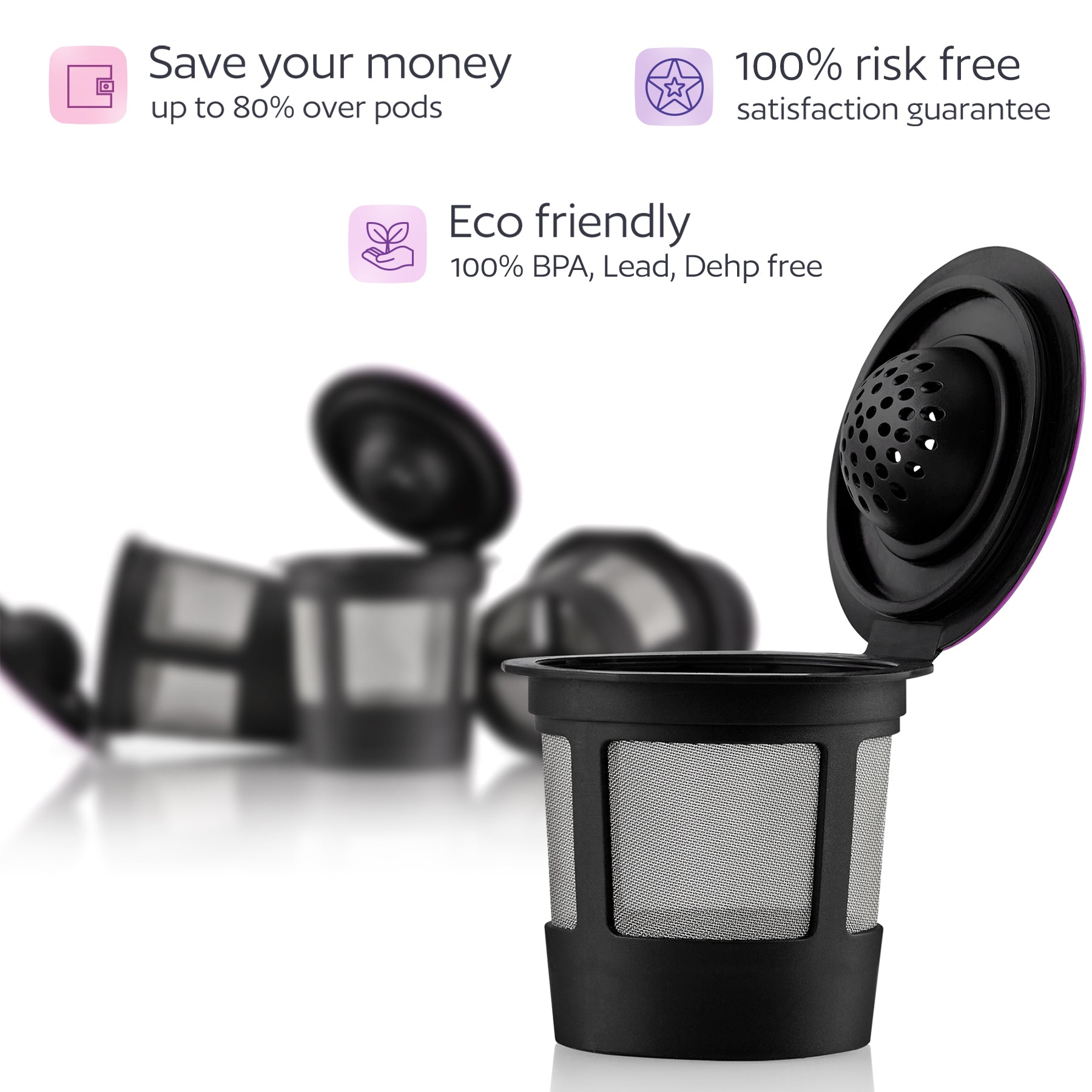 4 Black Reusable K Cups for Keurig Coffee Makers - BPA Free Universal Fit Refillable Kcups Coffee Filters for 1.0 and 2.0 Keurig Brewers