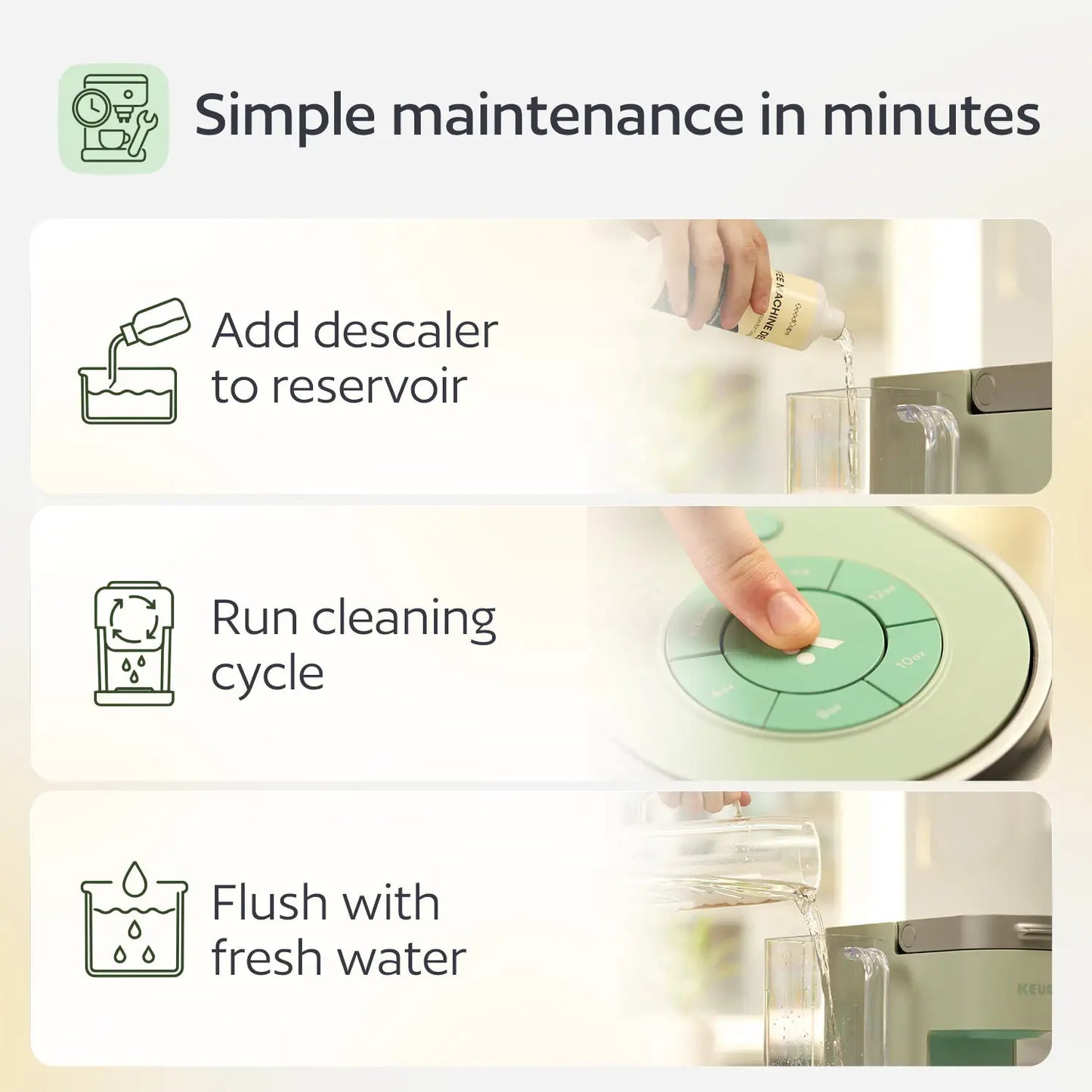 Step-by-step guide for cleaning a coffee maker with icons and text on a white background