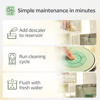 Step-by-step guide for cleaning coffee maker with icons and text on a white background