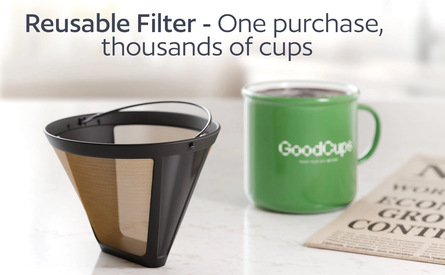 Reusable coffee filter with a green mug labeled 'GoodCups' on a table.