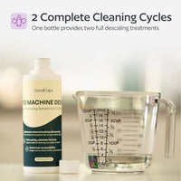 Coffee machine descaling solution bottle and measuring cup on a blurred background