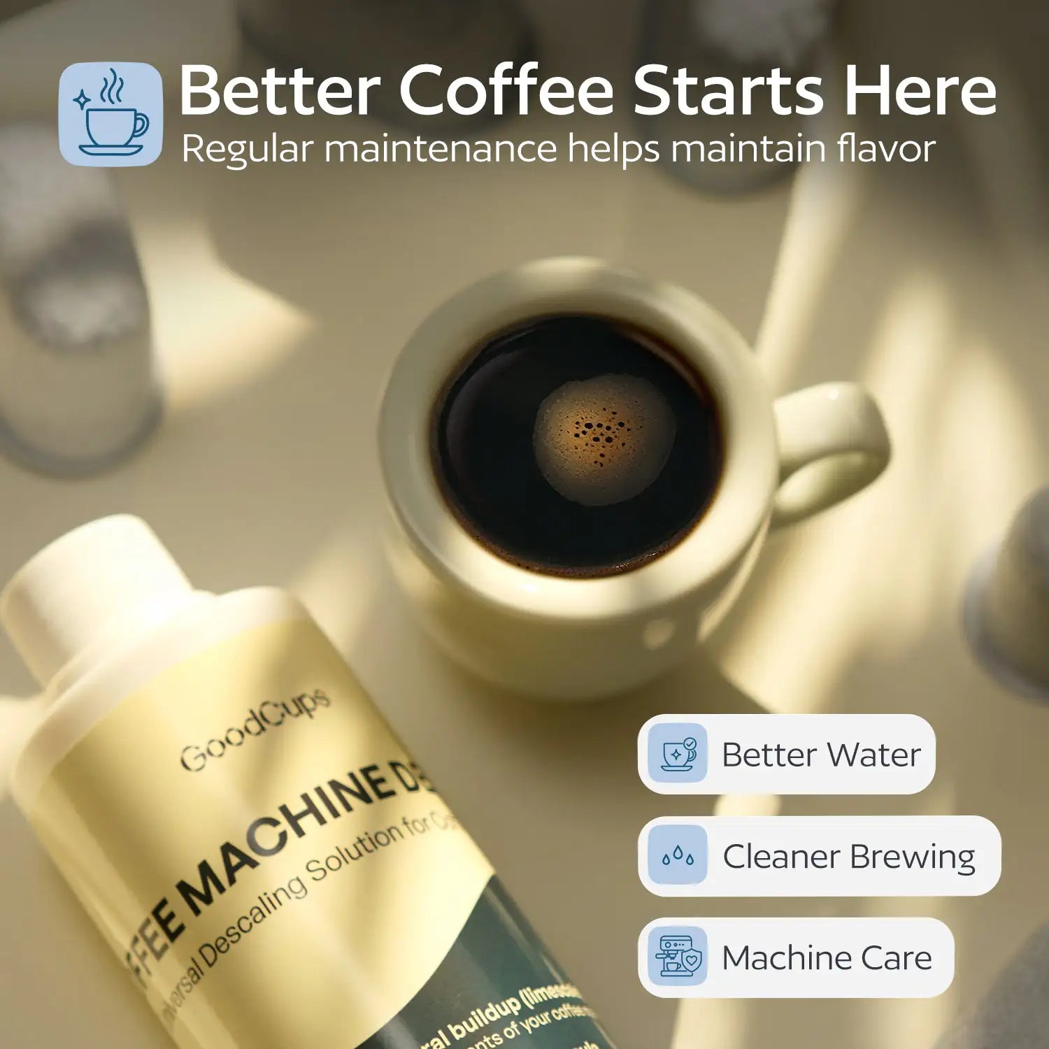 GoodCups coffee machine descaling solution with a cup of coffee on a light background