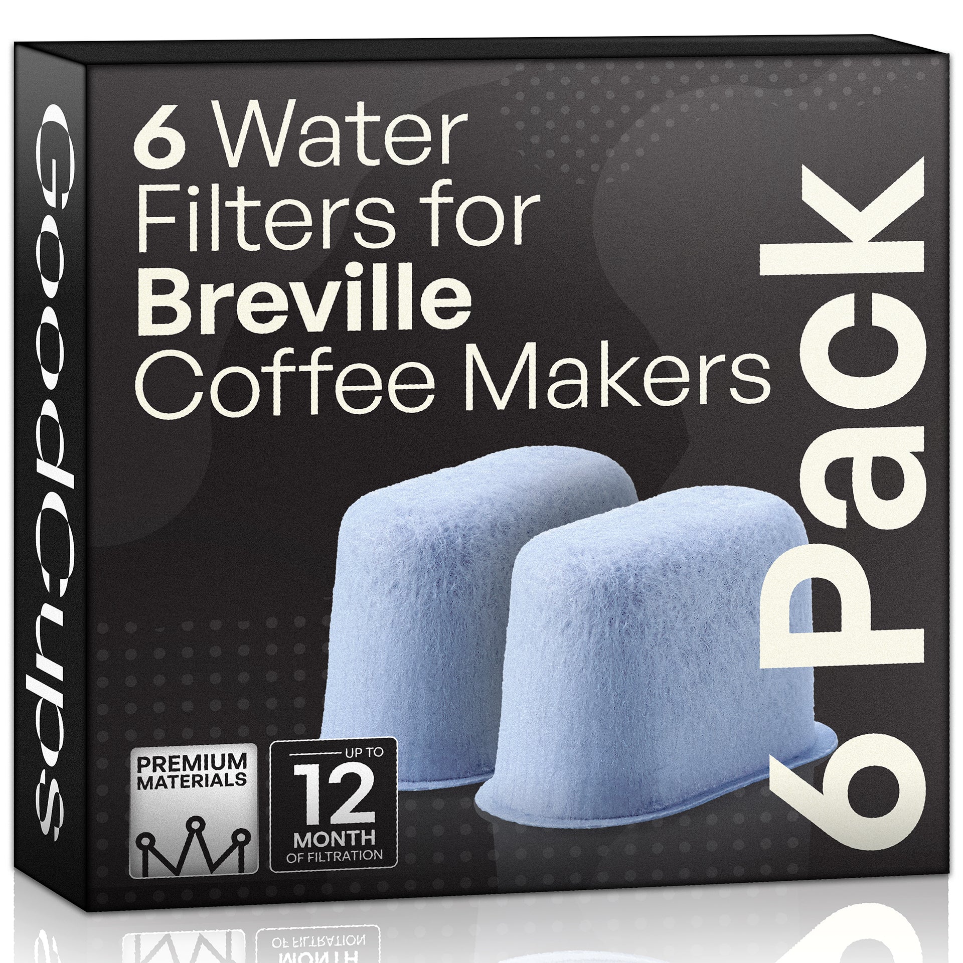 A 6-pack box of GoodCups water filters for Breville coffee makers. The black packaging features white text and shows two light blue filter cartridges.