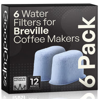 A 6-pack box of GoodCups water filters for Breville coffee makers. The black packaging features white text and shows two light blue filter cartridges.