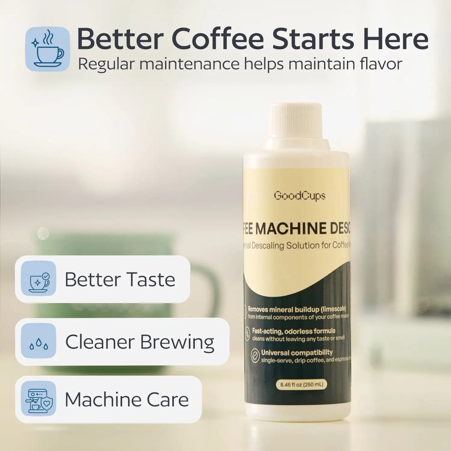 GoodCups coffee machine descaler bottle with text about maintaining coffee flavor.