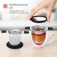Multifunctional tea lid being placed on a glass teacup with tea, featuring text about its functions.