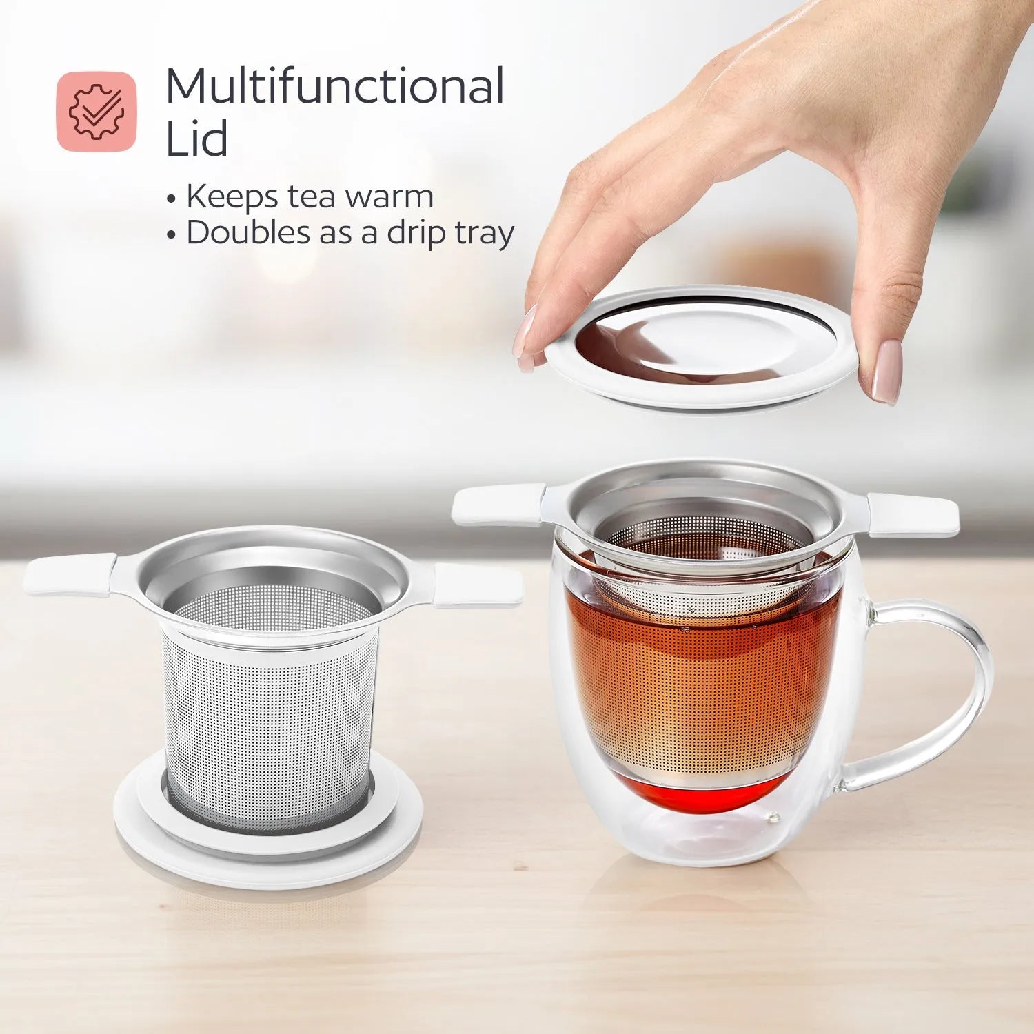 Tea cup with multifunctional lid on a wooden surface