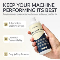 Hand holding a bottle of GoodCups machine descaling solution with text about maintaining machine performance.