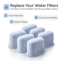 Six charcoal filters for Keurig coffee makers with text indicating features.