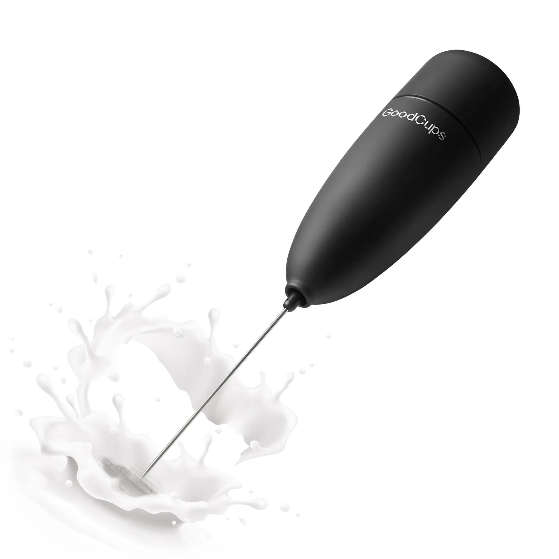 Black milk frother with 'GoodCups' branding on a white background with splashed milk.